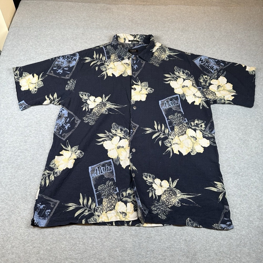 Vintage Izod Golf Hawaiian Aloha Shirt Mens XL Washable Silk Navy Floral Y2K‎